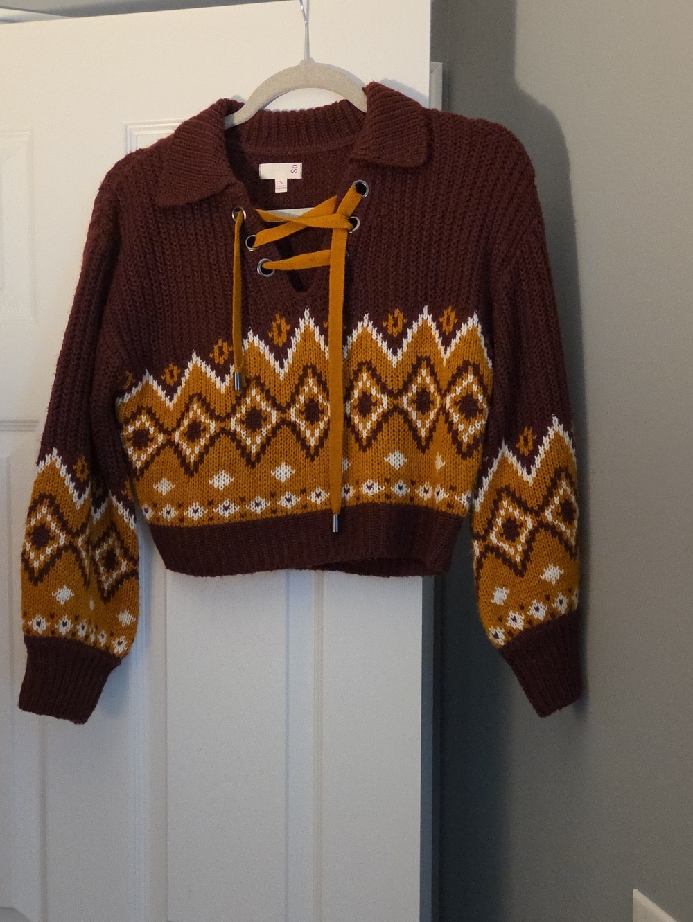 SO Maroon Cropped Lace-Up Mock Collar Sweater with Mustard Fair Isle